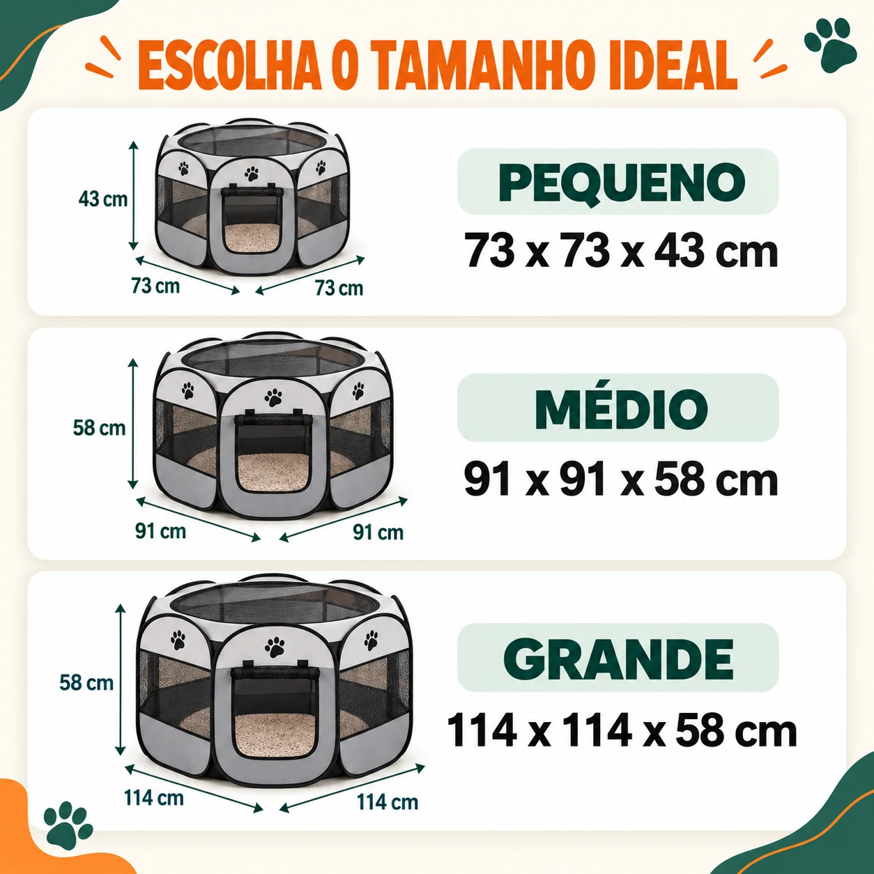 Guia com medidas dos tamanhos pequeno, médio e grande