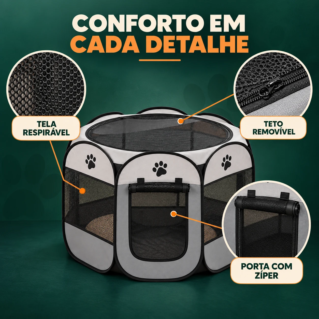 Detalhes da tela respirável, teto removível e porta com zíper