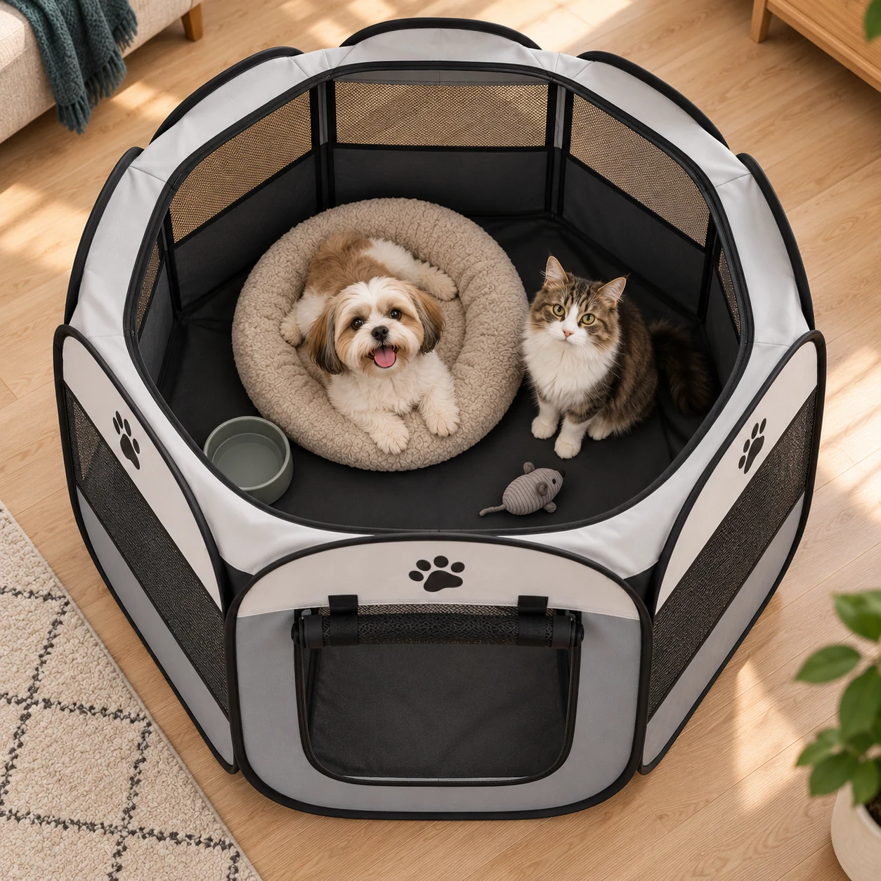 Cachorro e gato com espaço confortável dentro do cercadinho